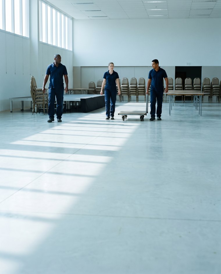 Equipe de apoio alinhando cadeiras num auditório corporativo envidraçado.