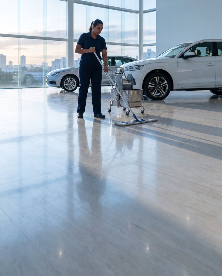 Profissional passando mop de microfibra numa sala de reunião envidraçada, ao lado do carrinho com panos codificados por cor.