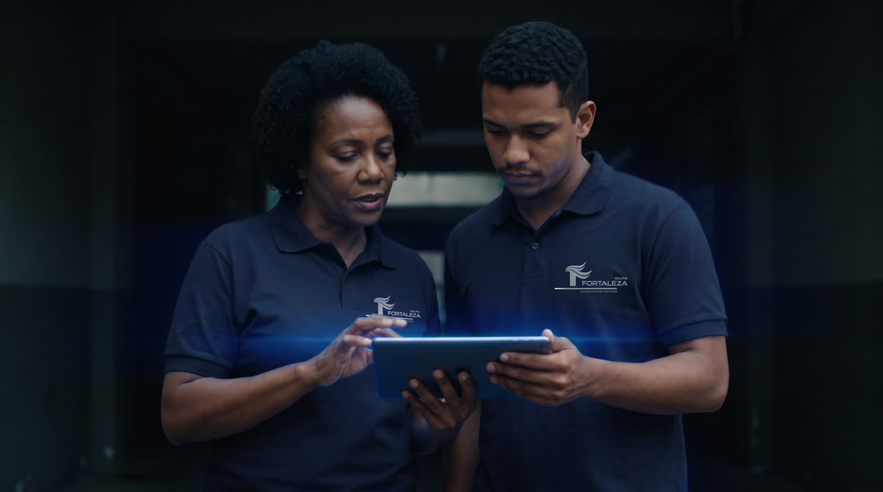 Profissional mais experiente mostrando algo num tablet para um colega mais novo.