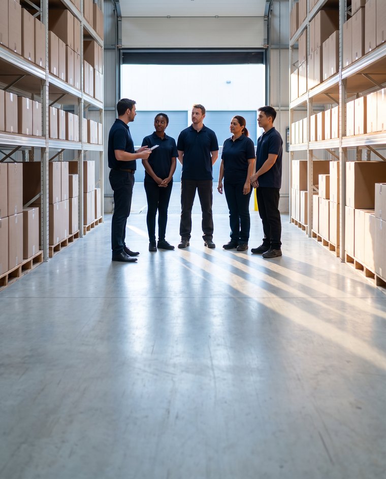 Supervisora entregando o uniforme a um profissional recém-chegado, numa sala clara de integração.